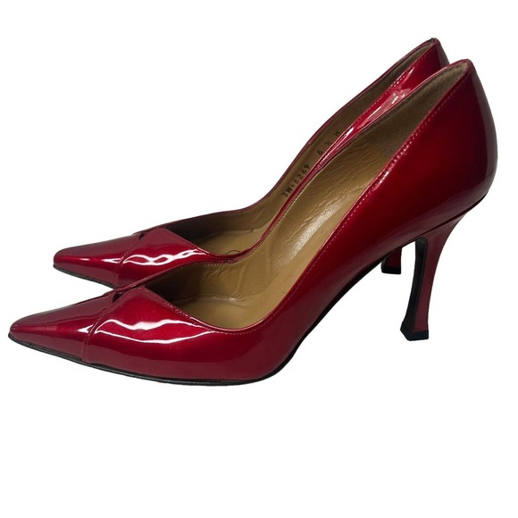 Stuart Weitzman SZ 6.5 Red Patent Leather Pointed Toe Candy Apple Slip on Pumps - Picture 6 of 10